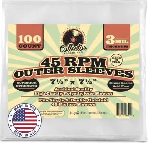 100-Pack 45 RPM Vinyl Record Outer Sleeves - Clear, 3 Mil Thick Polyethylene, Made in USA, Small 7 Inch Protective Storage Bags