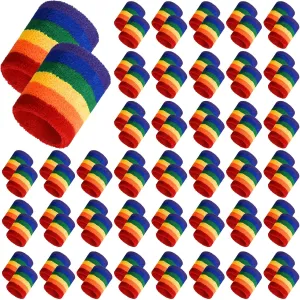100 Pieces Rainbow Striped Wrist Sweatbands Bulk Gay Pride Athletic Cotton Sweatband Terry Cloth Wristbands for Men Women Birthday Halloween Rainbow Festival Party Parades Sports