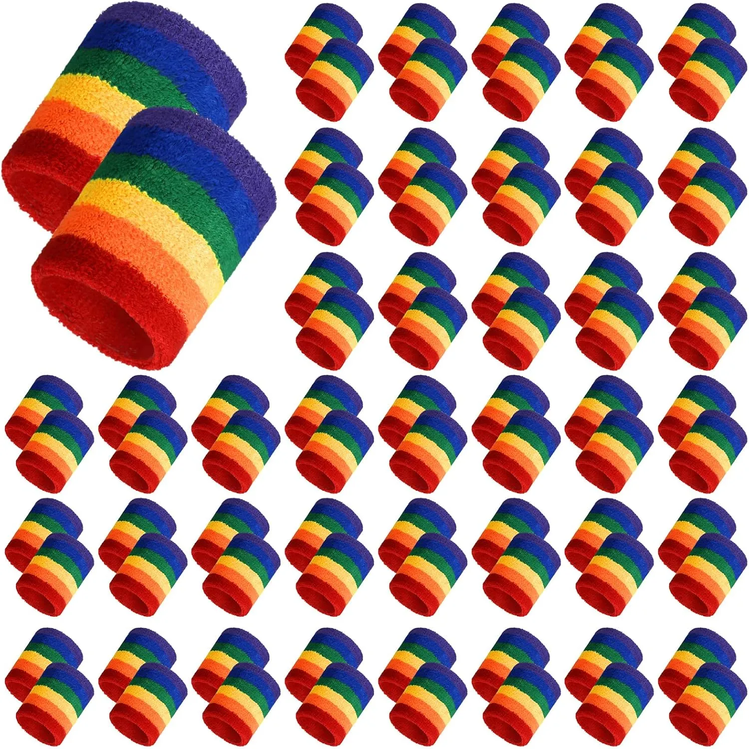 100 Pieces Rainbow Striped Wrist Sweatbands Bulk Gay Pride Athletic Cotton Sweatband Terry Cloth Wristbands for Men Women Birthday Halloween Rainbow Festival Party Parades Sports