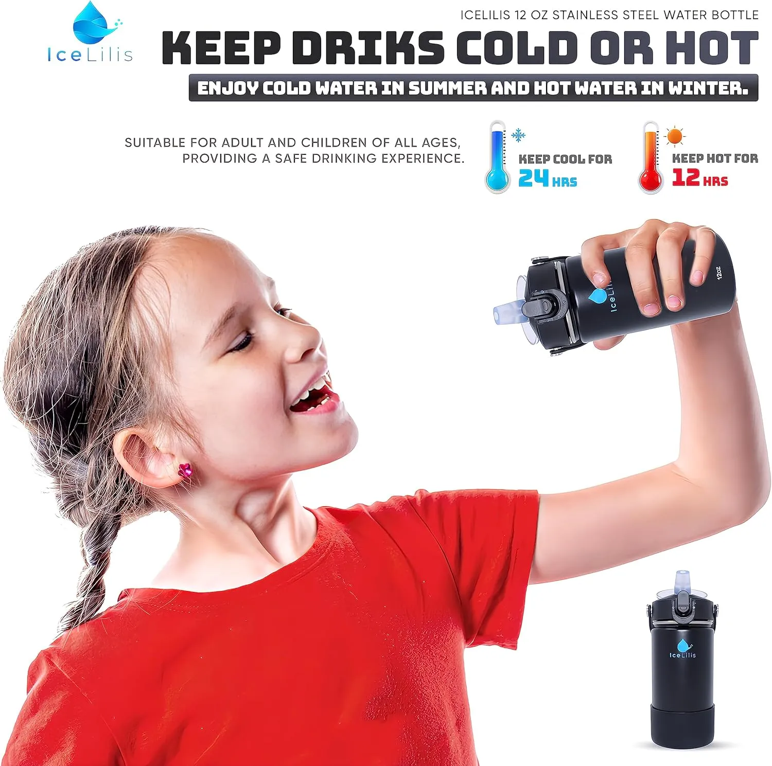 12 Oz Small Stainless Steel Water Bottle - Fits Cup Holders - Straw Lid - Ideal Gift - Insulated, BPA-Free, Leakproof - For School, Kids, Outdoor & Everyday (Obsidian Onyx)