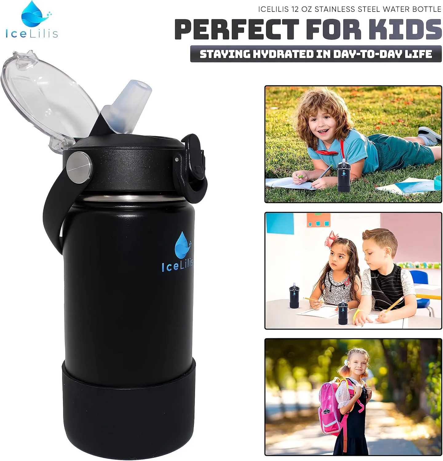 12 Oz Small Stainless Steel Water Bottle - Fits Cup Holders - Straw Lid - Ideal Gift - Insulated, BPA-Free, Leakproof - For School, Kids, Outdoor & Everyday (Obsidian Onyx)