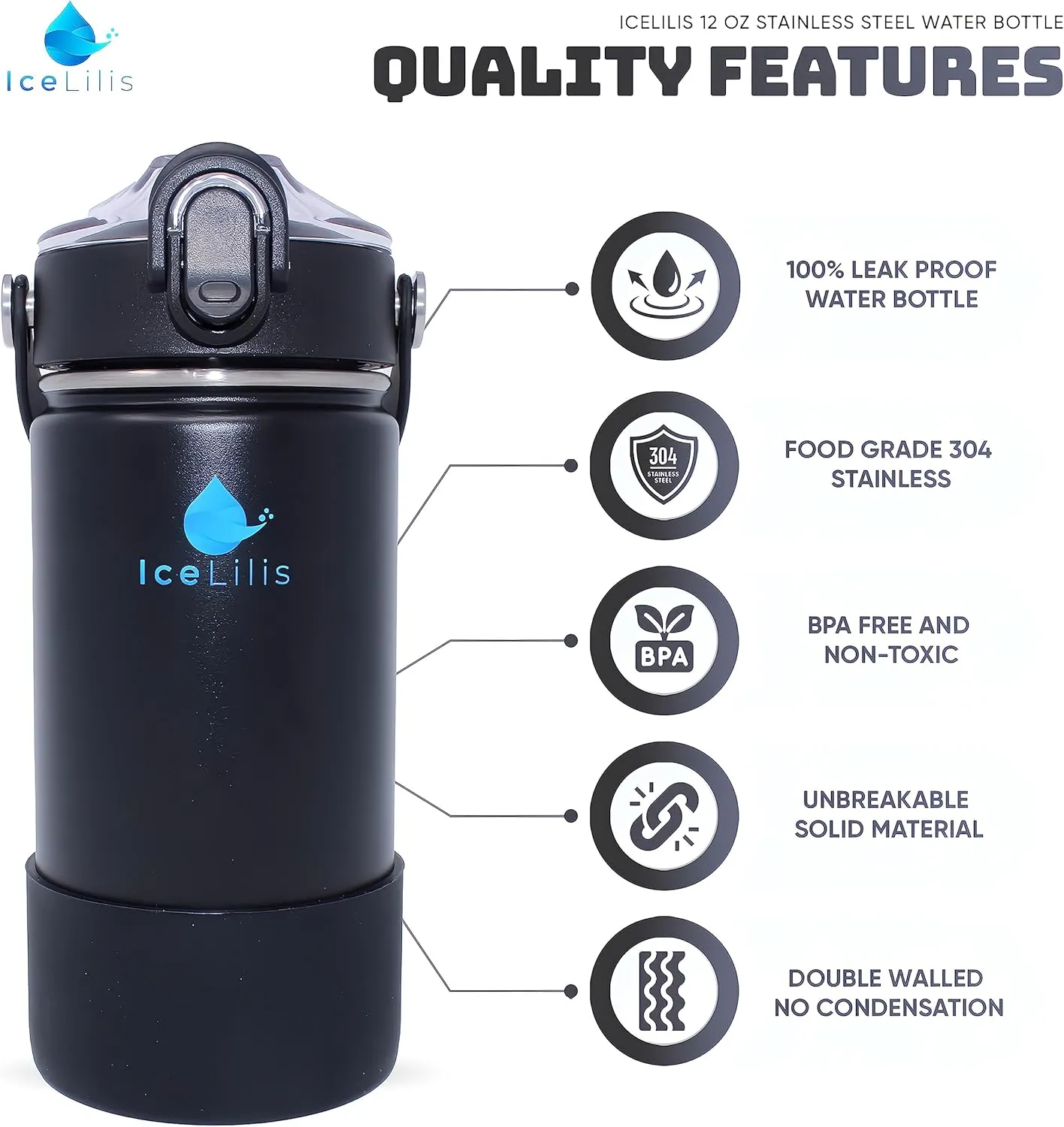 12 Oz Small Stainless Steel Water Bottle - Fits Cup Holders - Straw Lid - Ideal Gift - Insulated, BPA-Free, Leakproof - For School, Kids, Outdoor & Everyday (Obsidian Onyx)