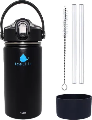 12 Oz Small Stainless Steel Water Bottle - Fits Cup Holders - Straw Lid - Ideal Gift - Insulated, BPA-Free, Leakproof - For School, Kids, Outdoor & Everyday (Obsidian Onyx)