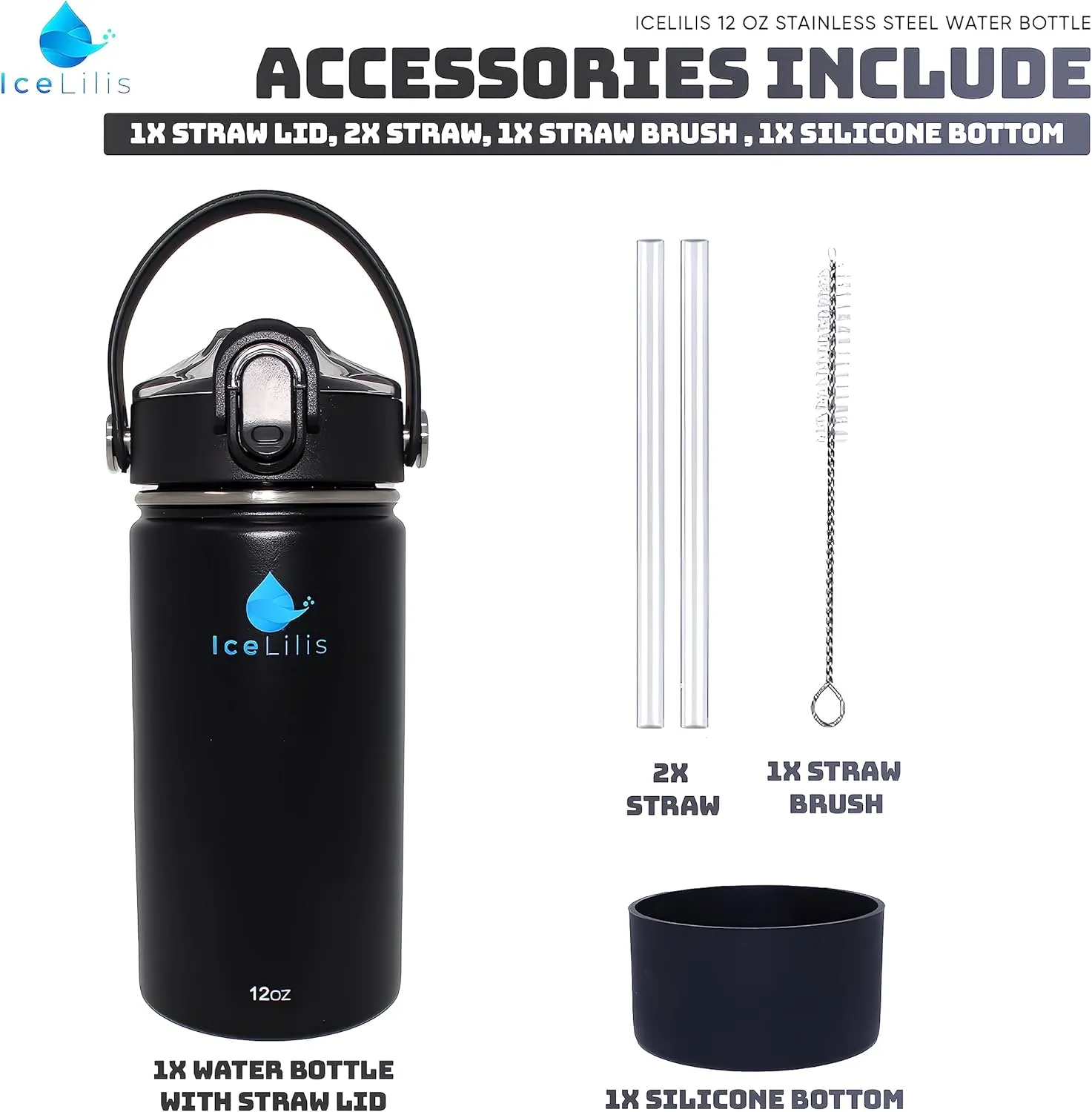 12 Oz Small Stainless Steel Water Bottle - Fits Cup Holders - Straw Lid - Ideal Gift - Insulated, BPA-Free, Leakproof - For School, Kids, Outdoor & Everyday (Obsidian Onyx)