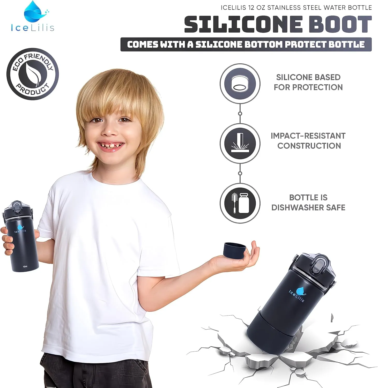 12 Oz Small Stainless Steel Water Bottle - Fits Cup Holders - Straw Lid - Ideal Gift - Insulated, BPA-Free, Leakproof - For School, Kids, Outdoor & Everyday (Obsidian Onyx)