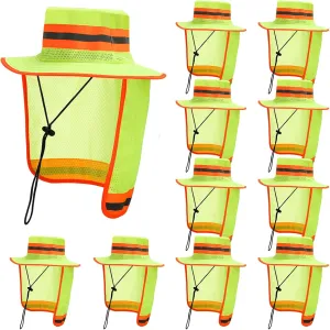 12 pcs Reflective Safety Hat with Neck Flap Wide Brim Men High Visibility Reflective Sun Hat Breathable Bucket Cap for Men Women Worker