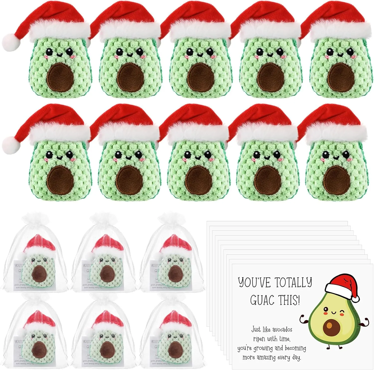 12 Sets Positive Funny Avocado Gifts Mental Health Emotional Avocado Included Handmade Crochet Doll with Inspirational Cards and Organza Bags Motivational Gifts (Christmas)