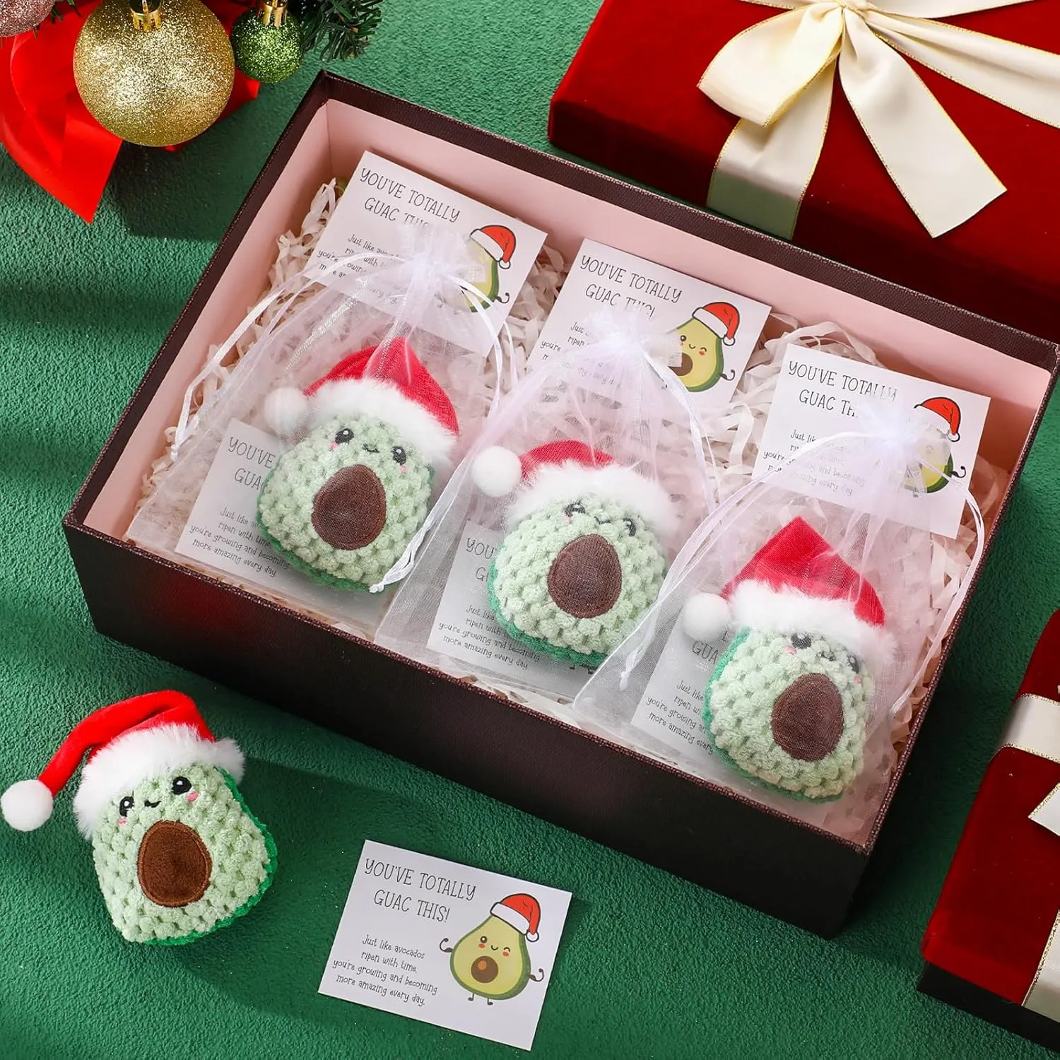 12 Sets Positive Funny Avocado Gifts Mental Health Emotional Avocado Included Handmade Crochet Doll with Inspirational Cards and Organza Bags Motivational Gifts (Christmas)