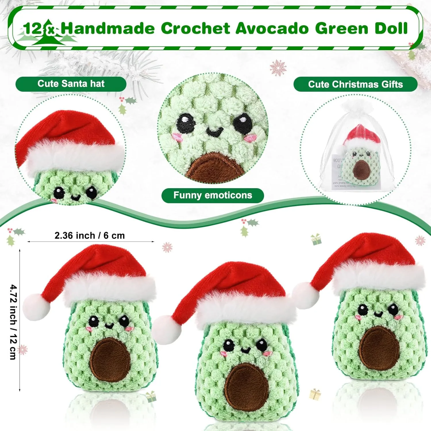 12 Sets Positive Funny Avocado Gifts Mental Health Emotional Avocado Included Handmade Crochet Doll with Inspirational Cards and Organza Bags Motivational Gifts (Christmas)