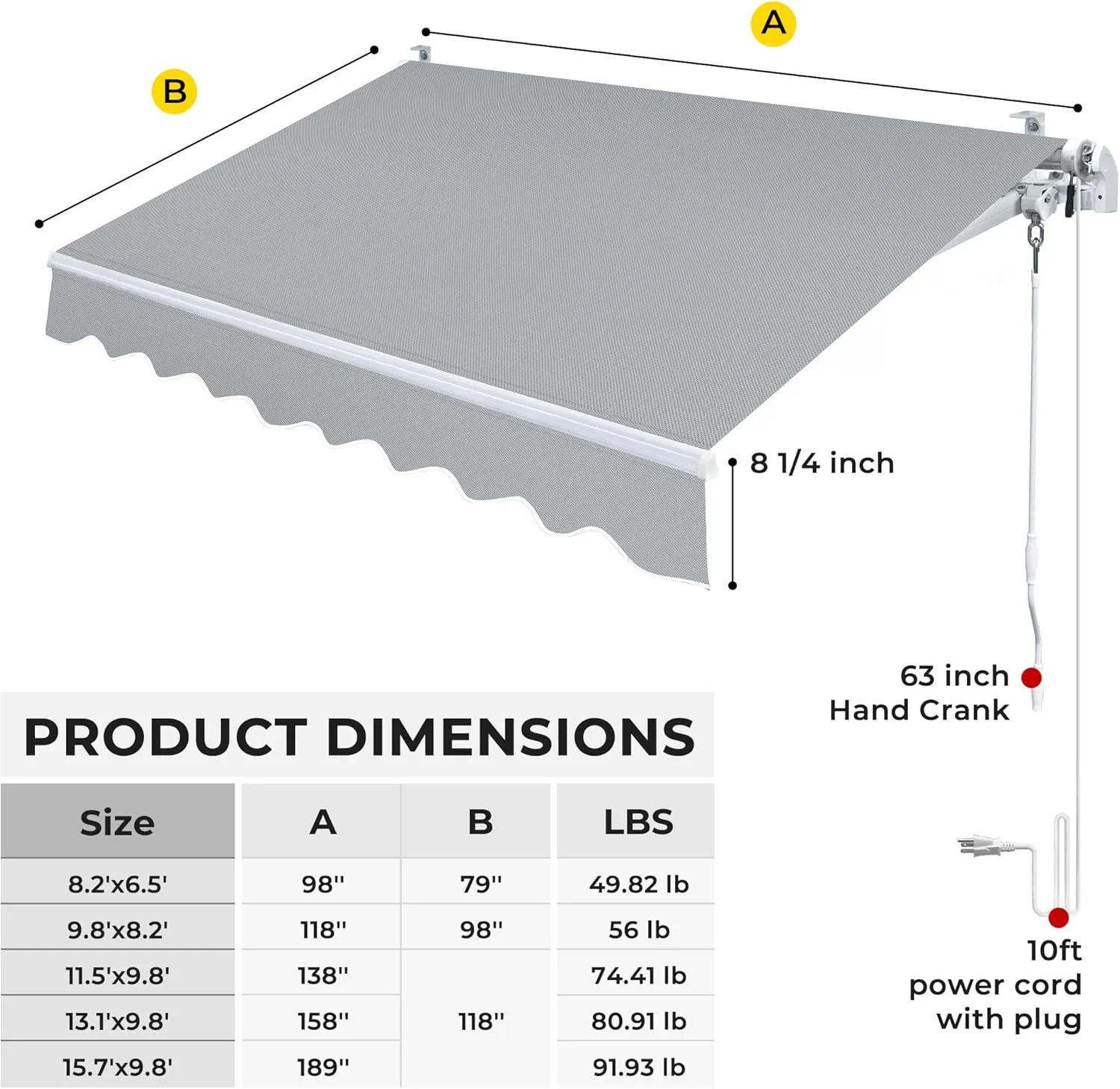 13.1'x9.8' Patio Awning Retractable Fully Assembled, Motorized Sunshade Shelter Outdoor Deck Canopy Balcony Awning Cover -100% Solution-Dyed European Acrylic Fabric Aluminum Frame,Stone Grey