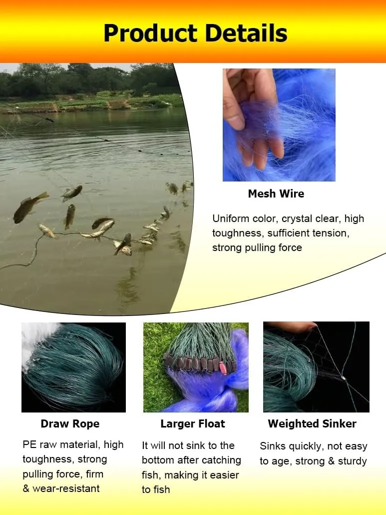 1.5/2 M Depth 50/100M Length 3/4/5/6/7/8 Fingers Mesh Size Fishing Sticky Net Sinking Nets, 3 Layers Fishing Gill Net Shoal