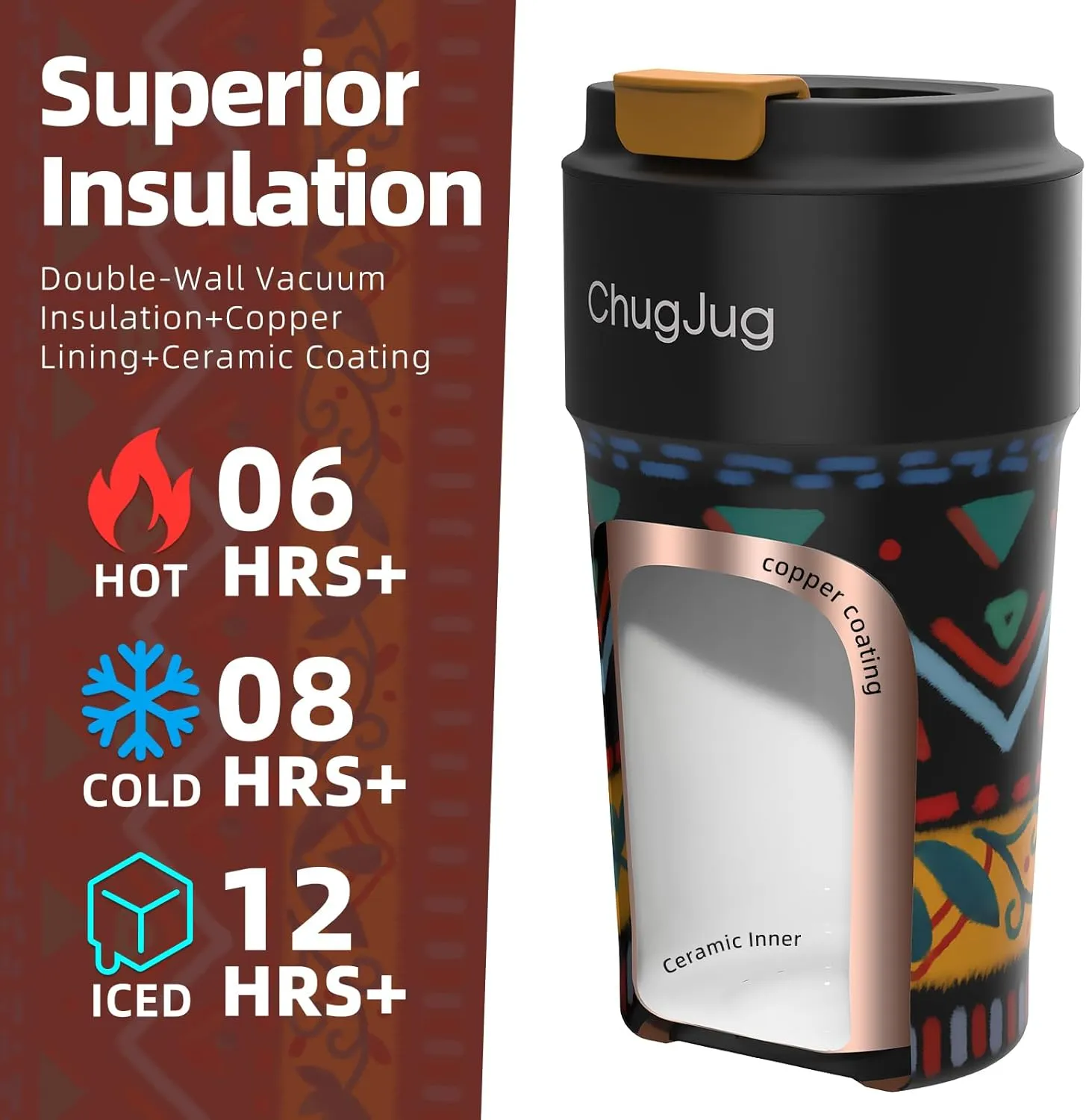 16 oz Travel Coffee Mug with Ceramic Coating, Leak-Proof Vacuum Insulated Coffee Tumbler with Lid, Double Wall Stainless Steel Travel Cup, Reusable To Go Mug for Hot& Cold Drinks (Gypsy Wool)