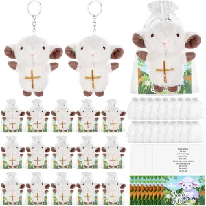 18 Set Mini Plush Lamb Jesus Toys Keychains - Lamb of God Christian Stuffed Animals for First Communion Christening Gift - Religious Sheep Plush Keyring With Cards and Organza Bags