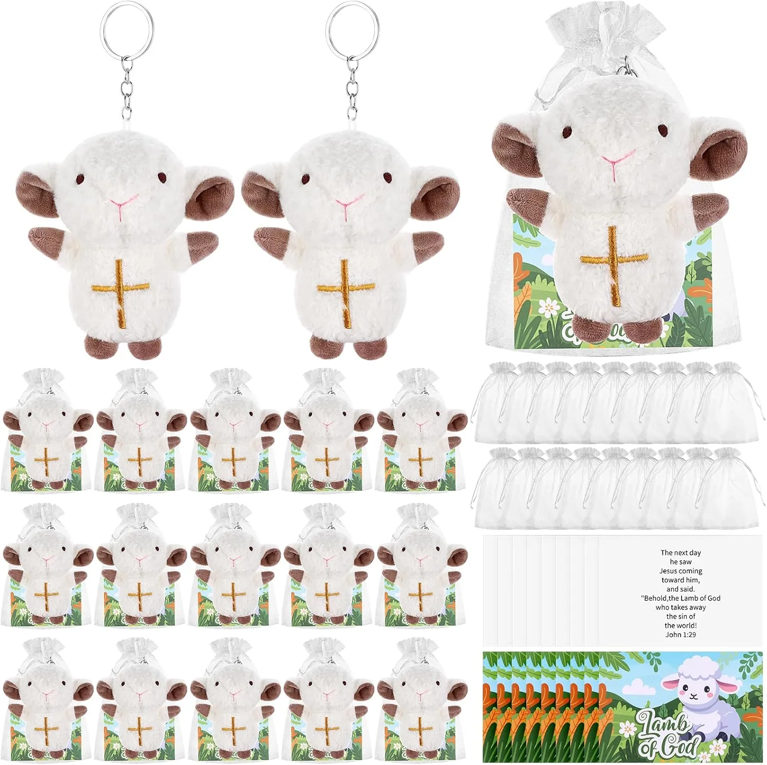 18 Set Mini Plush Lamb Jesus Toys Keychains - Lamb of God Christian Stuffed Animals for First Communion Christening Gift - Religious Sheep Plush Keyring With Cards and Organza Bags