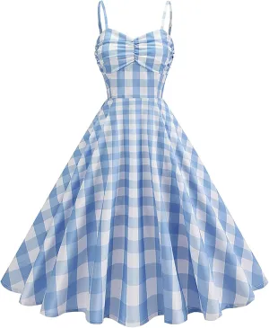 1950s Retro Plaid Dress for Women 60s Rockabilly Homecoming Pinup Gingham Dresses Vintage Spaghetti Strap Hepburn Dress