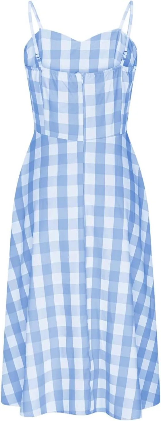 1950s Retro Plaid Dress for Women 60s Rockabilly Homecoming Pinup Gingham Dresses Vintage Spaghetti Strap Hepburn Dress