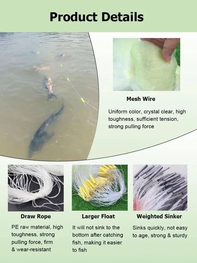 2 M Depth 40 M Length Portable Fishing Gill Net Sticky Net, 3 Layers Sinking Net Automatically Trap for Lakes Rivers(4F,H2m L40m)