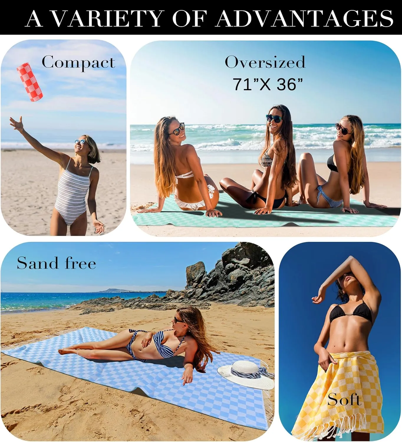 2 Packs Checkered Plaid Yoga Blanket Turkish Towel Extra Large Meditation Supplies Mat Cover Beach Blanket Women Birthday Gift for Mom Wife Sister Girlfriend Mother Adult Friend Husband Son Daughter