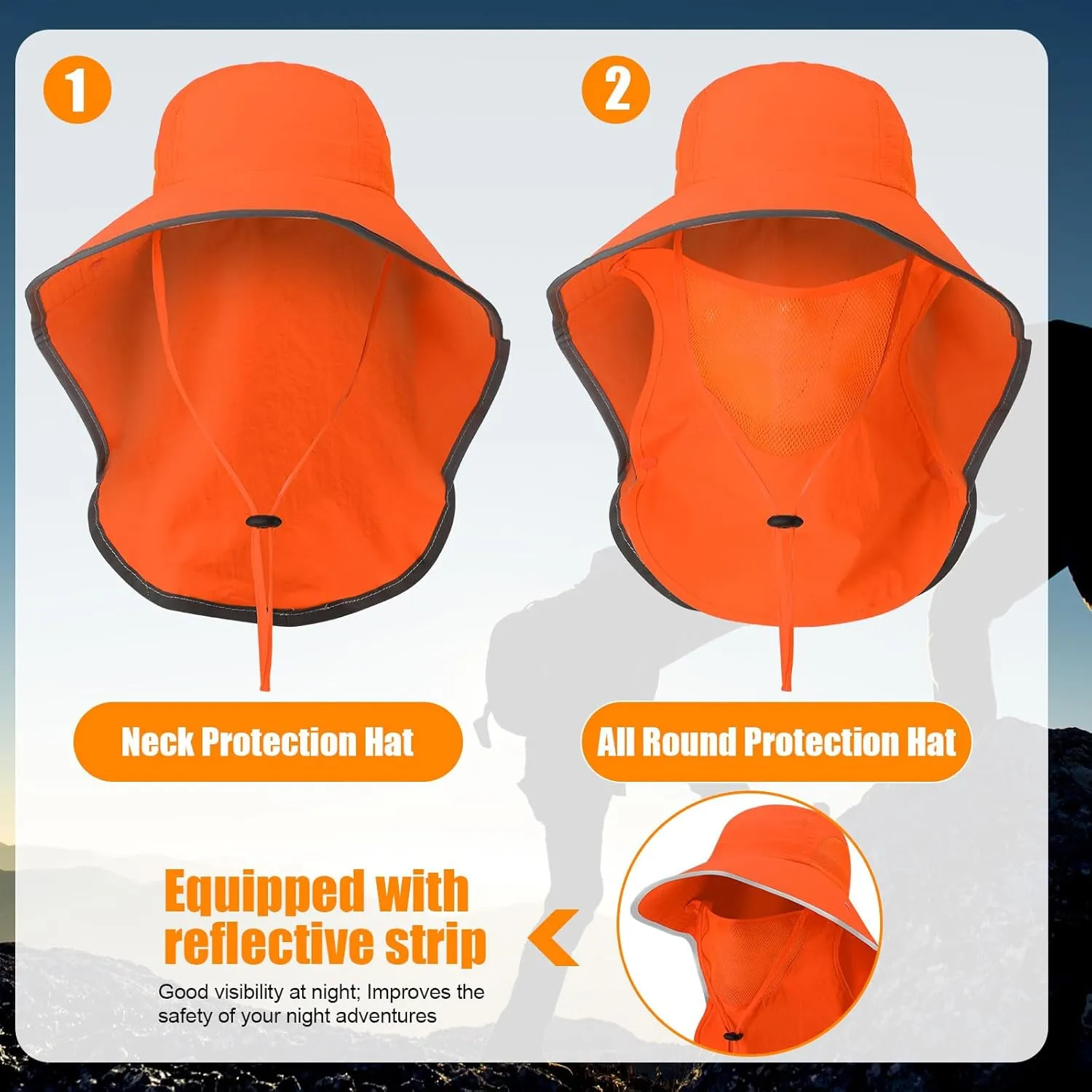 2 Pcs Sun Protection Fishing Hats with Removable Face Cover Neck Flap Visibility Reflective Boonie Hat Bucket Cap