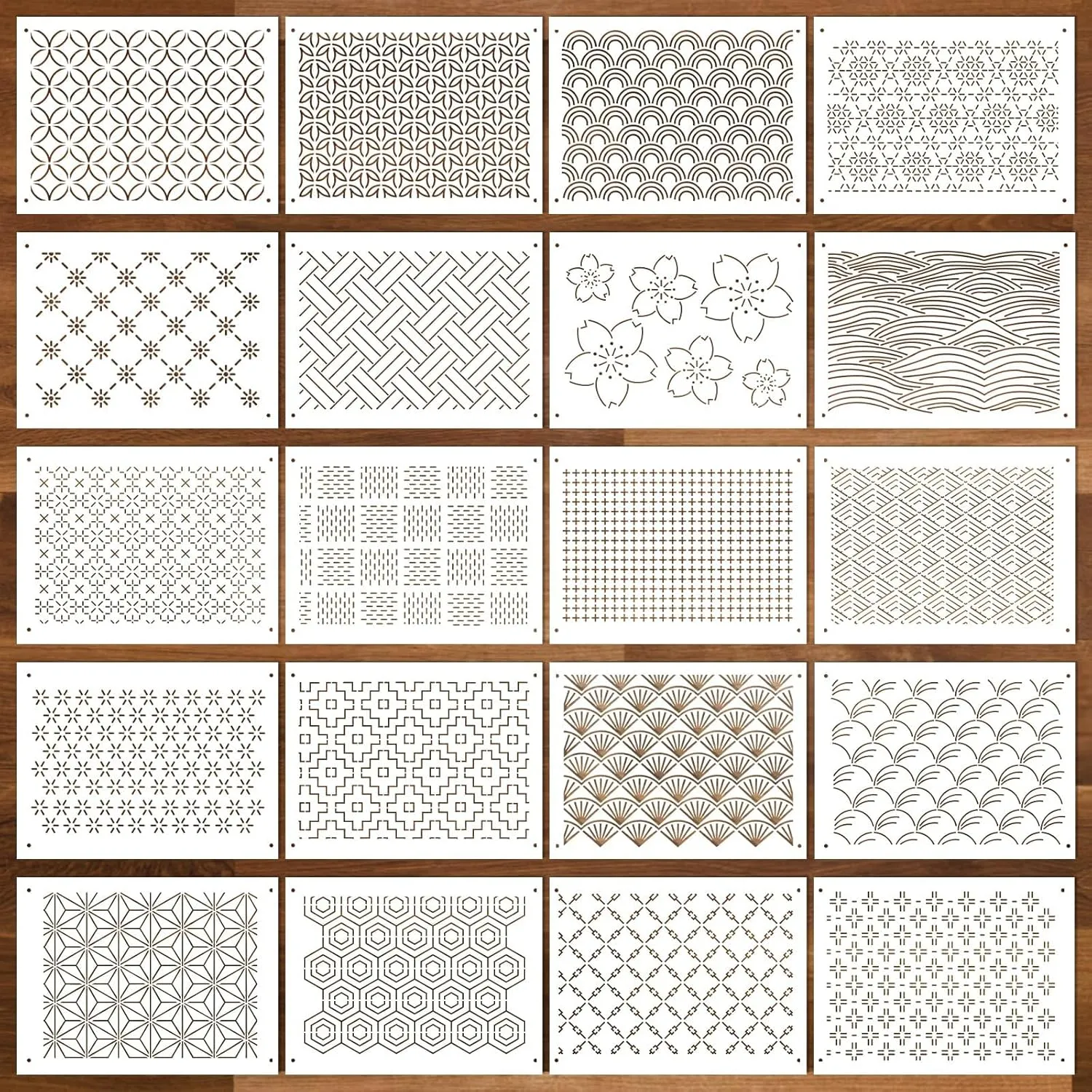 20 Pcs Plastic Sashiko Stencil 8.3 x 5.9 Inch Sashiko Template Drawing Line Quilting Stencil Geometric Embroidery Pattern Stabilizers for Sewing Hand Quilting and Embroidery