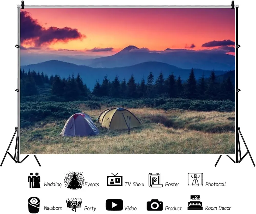 20x10ft Outdoor Camping Themed Backdrop Grassland Camp Tents Sunrise Backgrounds Hiking Adventure Trip Photography Background for Kids Birthday Party Decor Cake Table Photo Studio Props