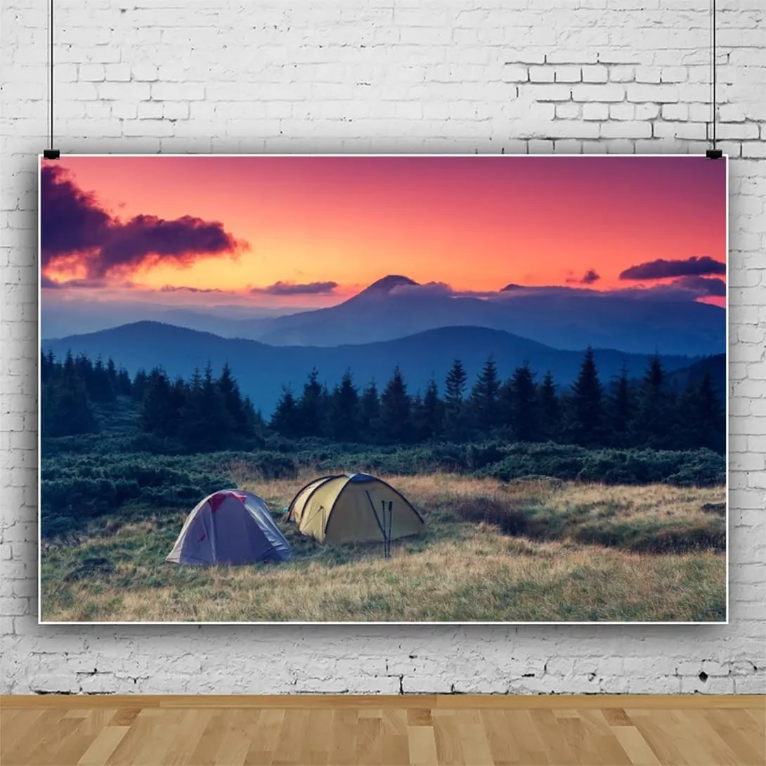 20x10ft Outdoor Camping Themed Backdrop Grassland Camp Tents Sunrise Backgrounds Hiking Adventure Trip Photography Background for Kids Birthday Party Decor Cake Table Photo Studio Props