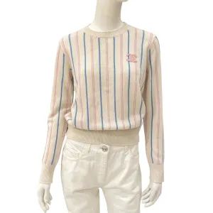 23P CC 34 White, Light Blue, Link Pink Striped Knitted Pullover in Cashmere, Elastane