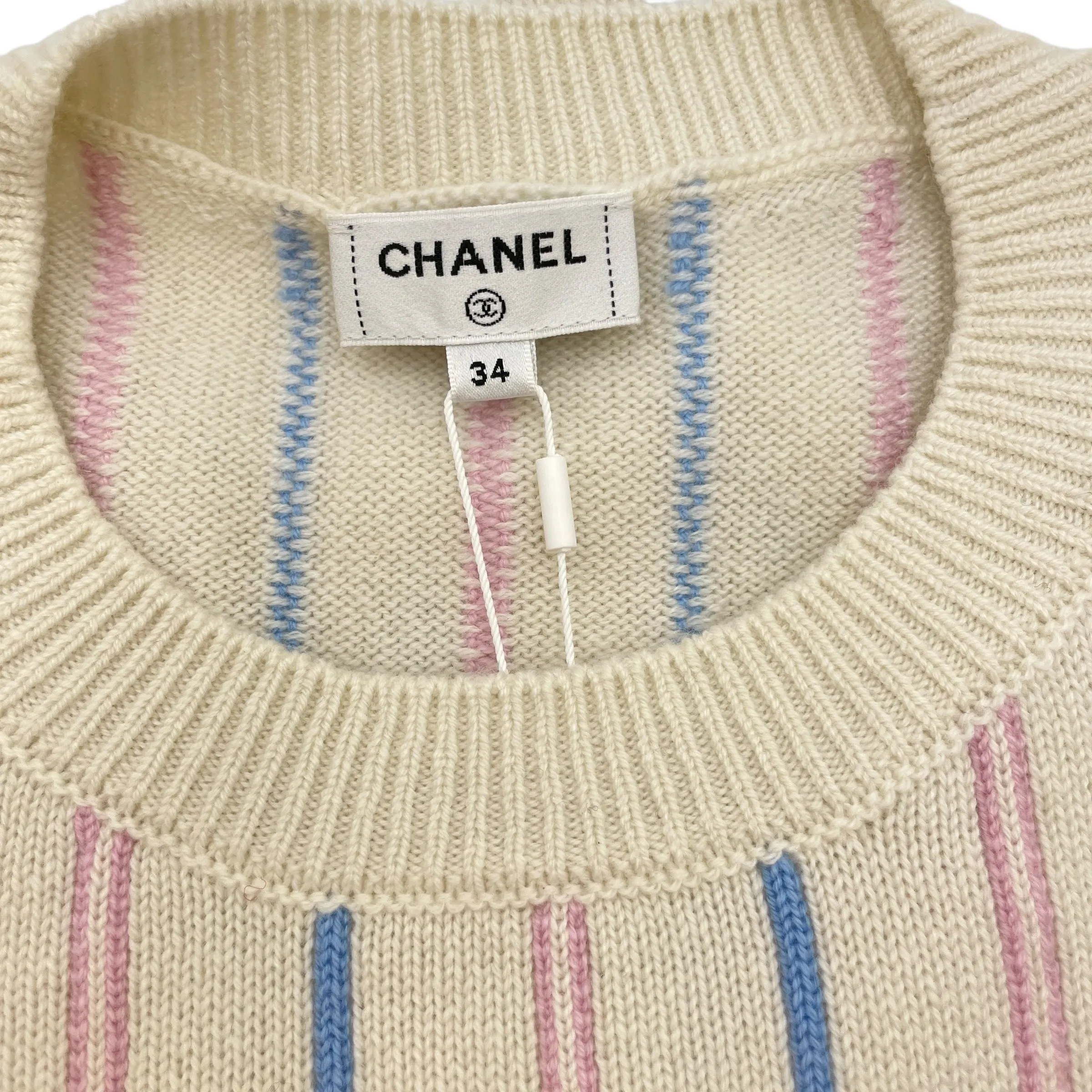 23P CC 34 White, Light Blue, Link Pink Striped Knitted Pullover in Cashmere, Elastane