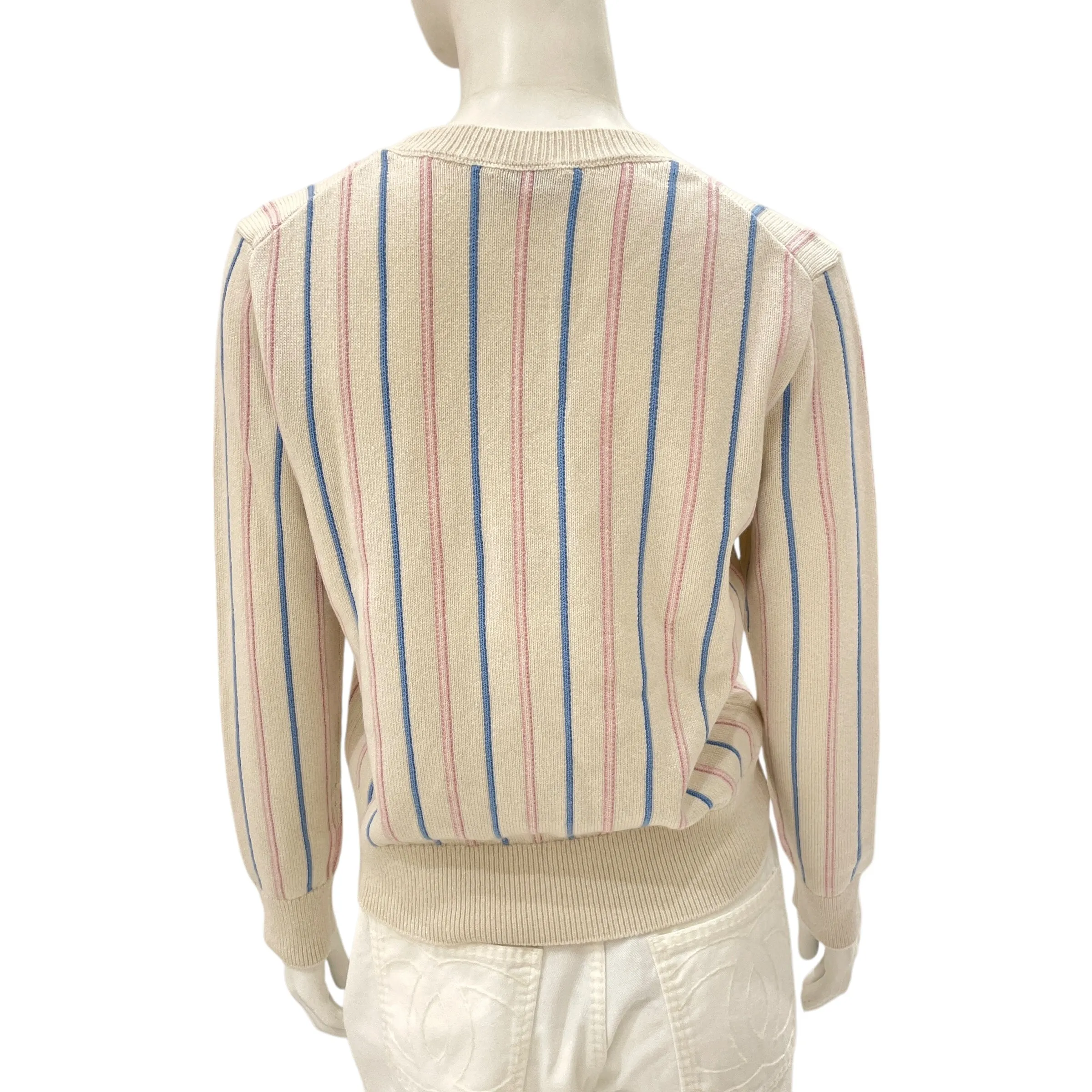 23P CC 34 White, Light Blue, Link Pink Striped Knitted Pullover in Cashmere, Elastane