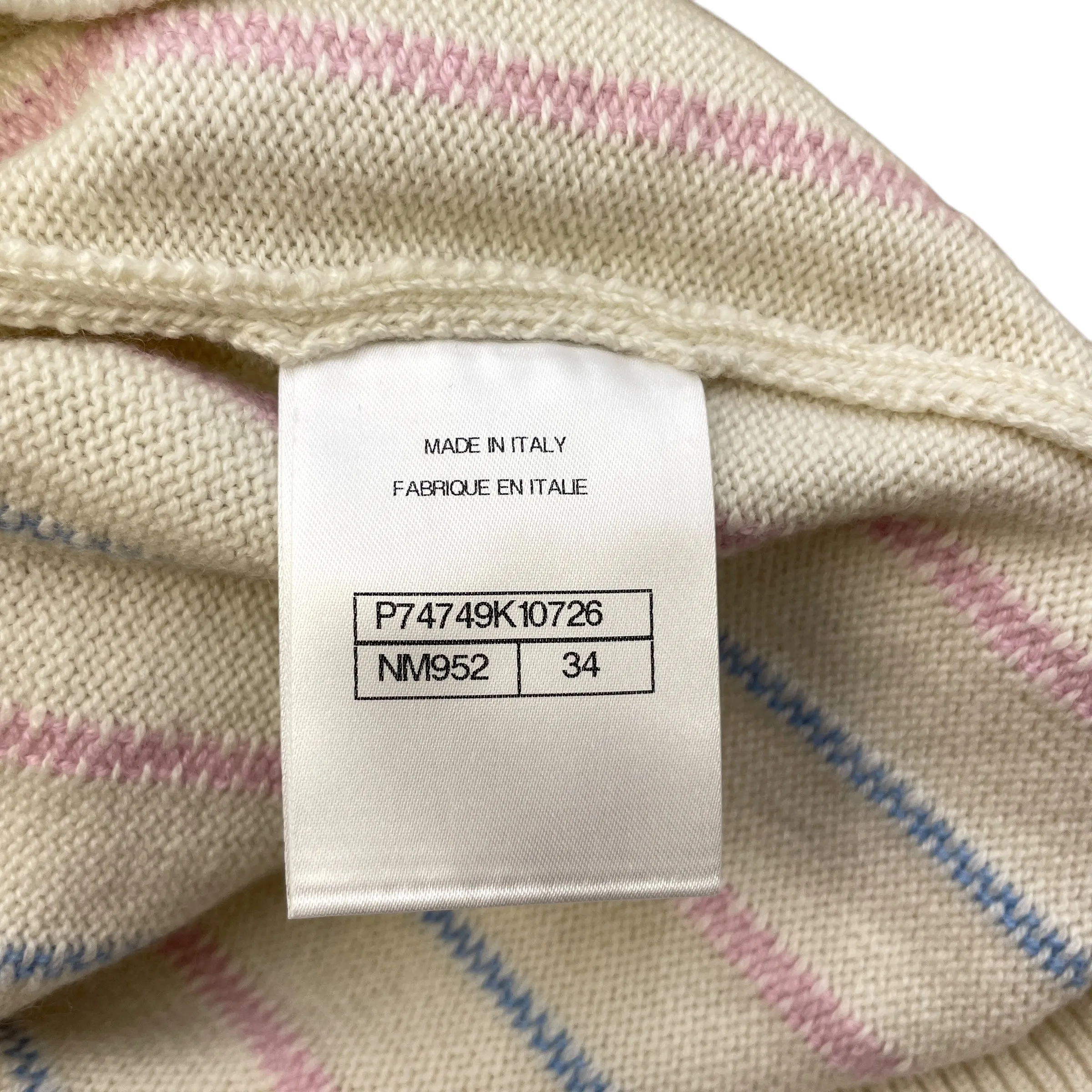 23P CC 34 White, Light Blue, Link Pink Striped Knitted Pullover in Cashmere, Elastane