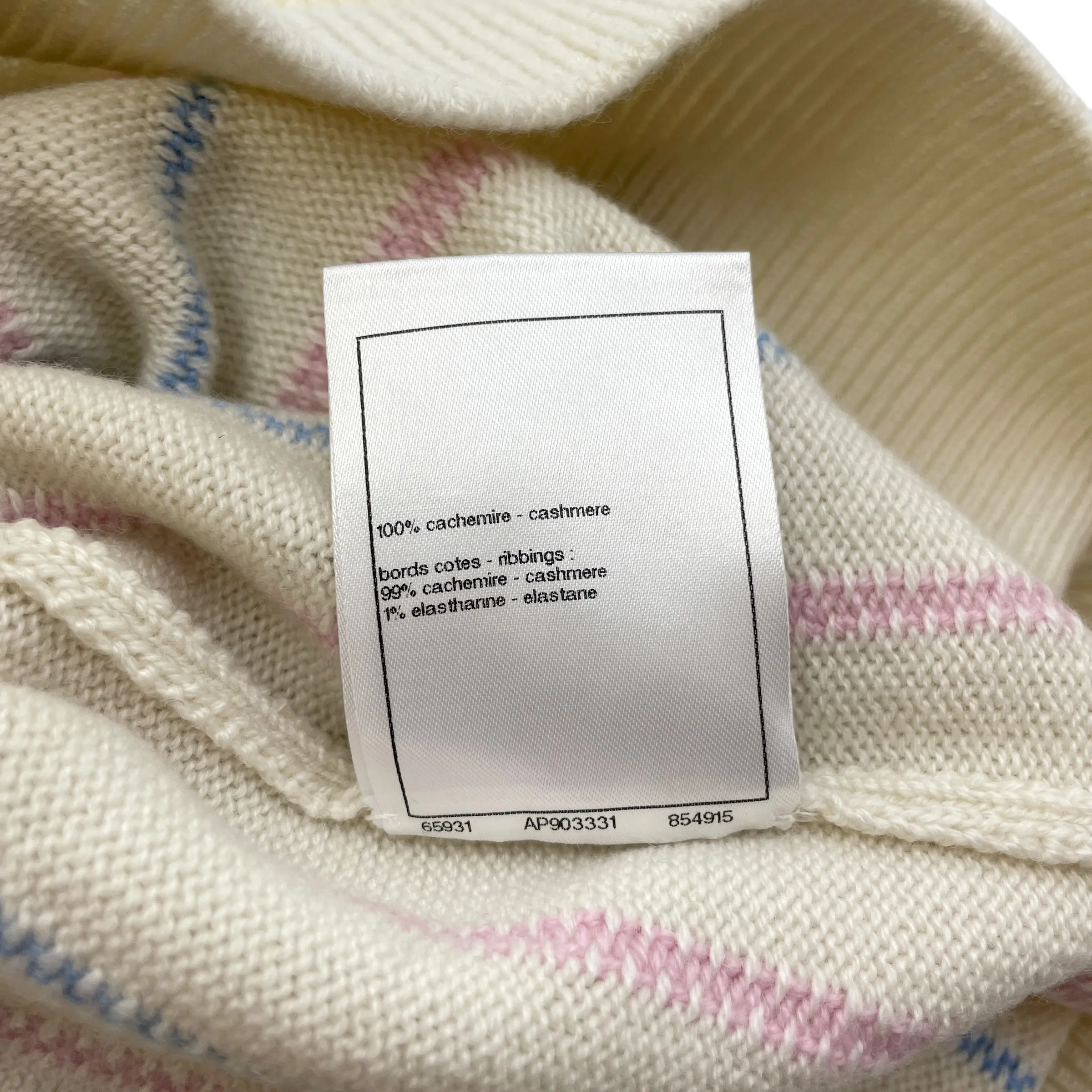 23P CC 34 White, Light Blue, Link Pink Striped Knitted Pullover in Cashmere, Elastane