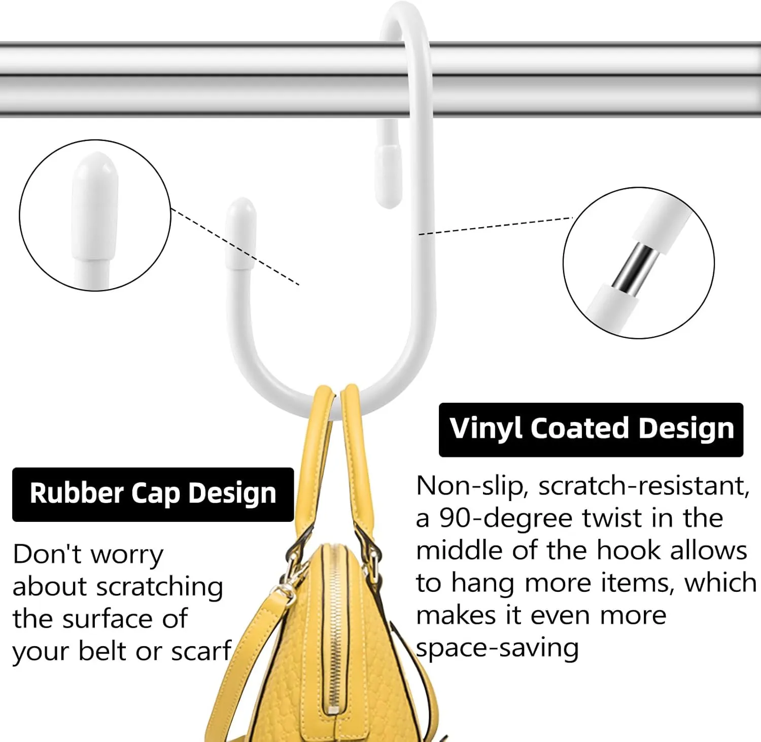 24 Pack Purse Hanger for Closet, Twist Design Hooks, Vinyl Coated Organizer, Large S Hooks for Hanging Bags, Purses, Handbags, Belts, Scarves, Hats, White