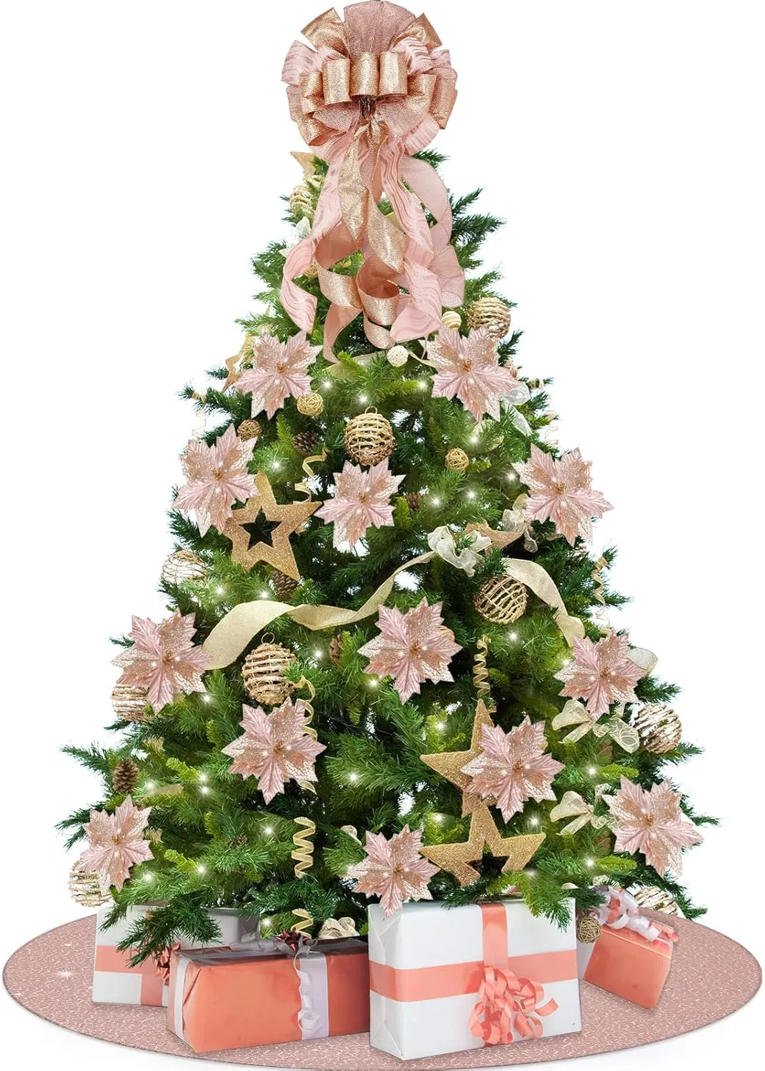 26 Pcs Christmas Tree Decorations Include 12 x 33 Inch Large Christmas Tree Topper Bow, 24 Pcs Artificial Christmas Glitter Flowers Decorations, 40 Inch Rustic Sequin Christmas Tree Skirt (Rose Gold)