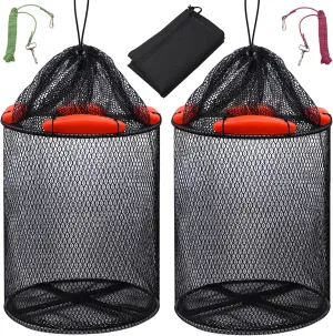 2PCS Floating Fish Basket Foldable Fishing Bucket Well with Storage Bag Collapsible Fishing Trap with Rubber-Coated Net String for Kayak Live Caught Fish (12.6 Inches D, 18.5 Inches H)