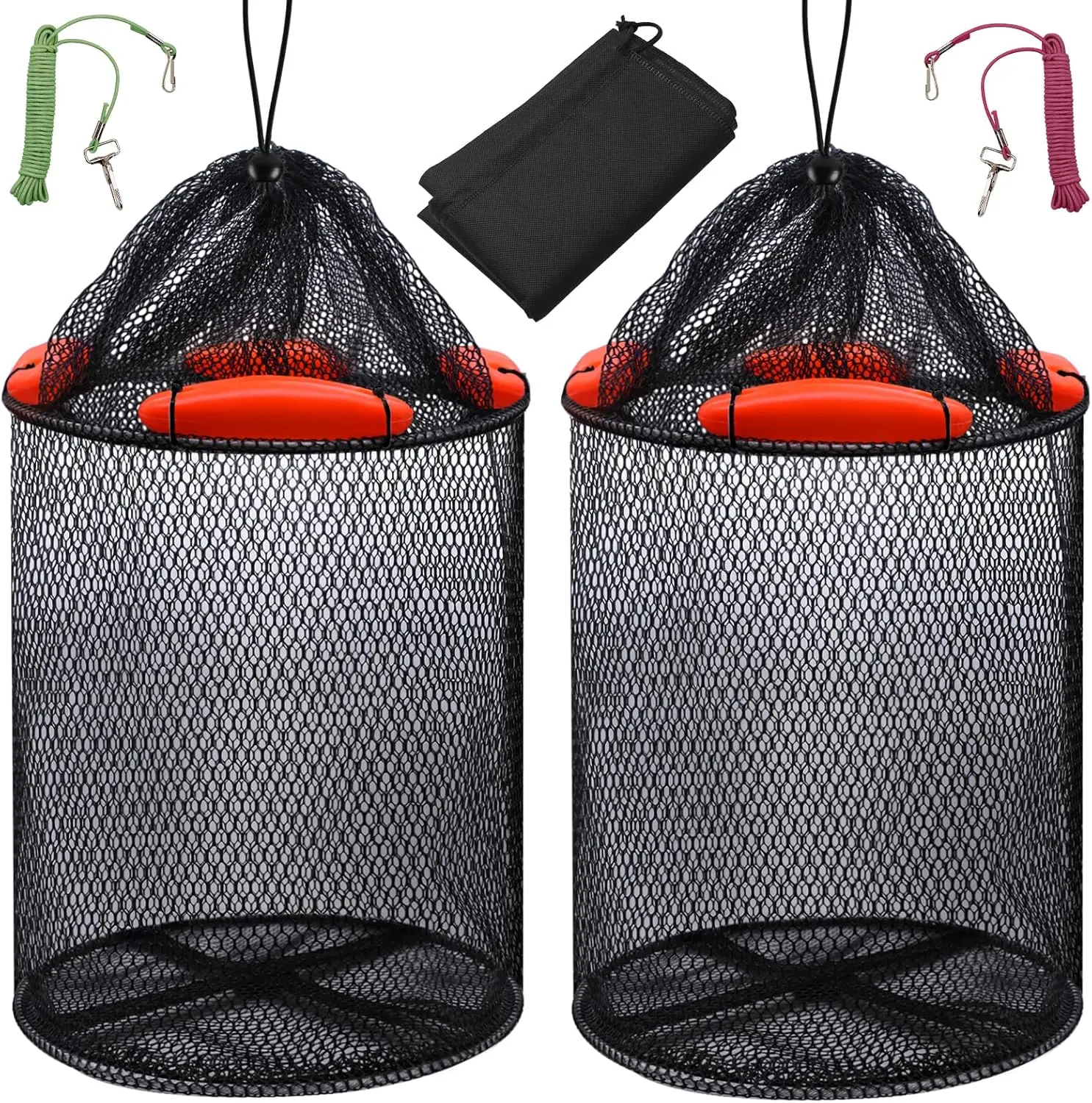 2PCS Floating Fish Basket Foldable Fishing Bucket Well with Storage Bag Collapsible Fishing Trap with Rubber-Coated Net String for Kayak Live Caught Fish (12.6 Inches D, 18.5 Inches H)