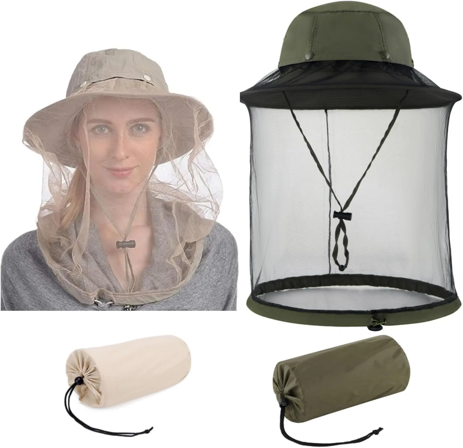 2X Mosquito Head Net Hats Men Women, Sun Bucket Hat Hidden Net Mesh, for Fishing Trekking Hiking Safari Gardening
