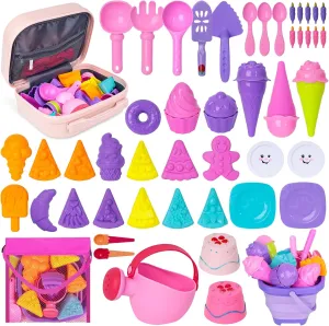 3 otters 50PCS Sand Toys Set, Collapsible Sand Bucket Shovels Mesh Bag Pink Suitcase Ice Cream Dessert Sand Molds