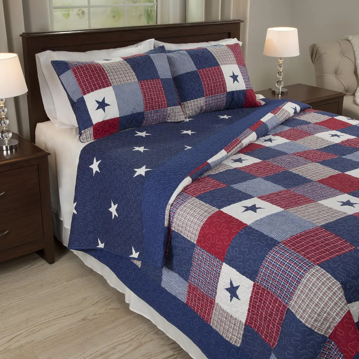 3-Piece Caroline Patriotic Quilt Set - Americana Stars and Plaid Patchwork Bedding - Full/Queen Bed Spread with 2 Pillow Shams by Lavish Home
