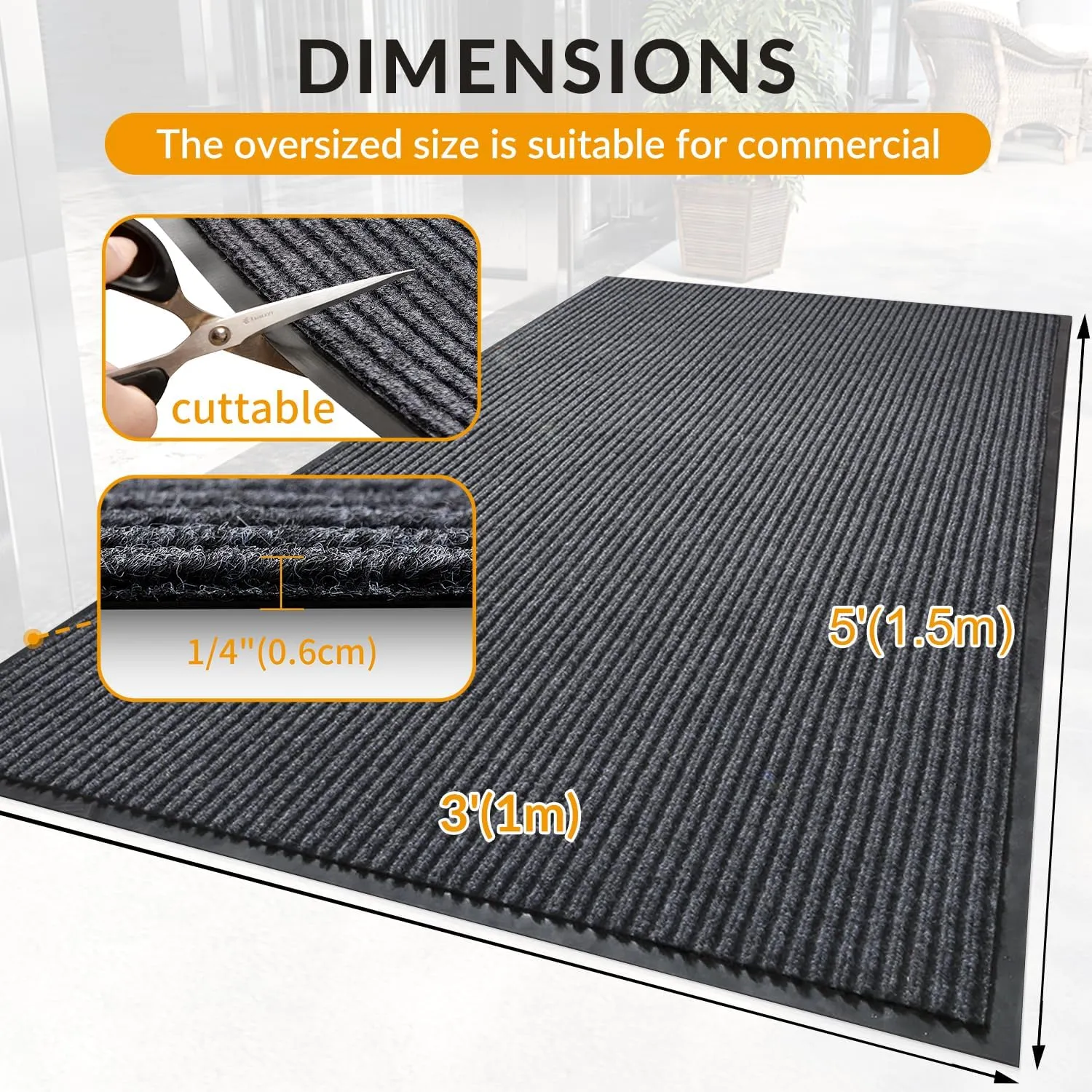 3' x 5' Moisture Guard Doormat, Commercial Grade Door Floor Mat Striped Brush Step Entrance Mat with Rubber Backing, Low Profile Commercial Rugs for Entryway, Easy to Clean(Charcoal Grey)