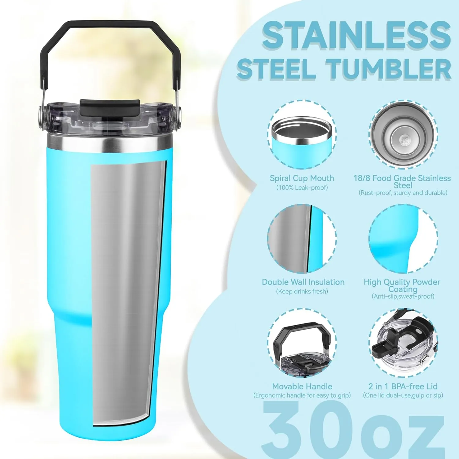 30oz Tumbler with Handle and Flip Straw Lid Double Wall Insulated Travel Coffee Mug Stainless Steel Vacuum Insulated Coffee Tumbler Cup for Hot and Cold Beverages,Leak-proof&BPA-free（30oz,Baby blue）