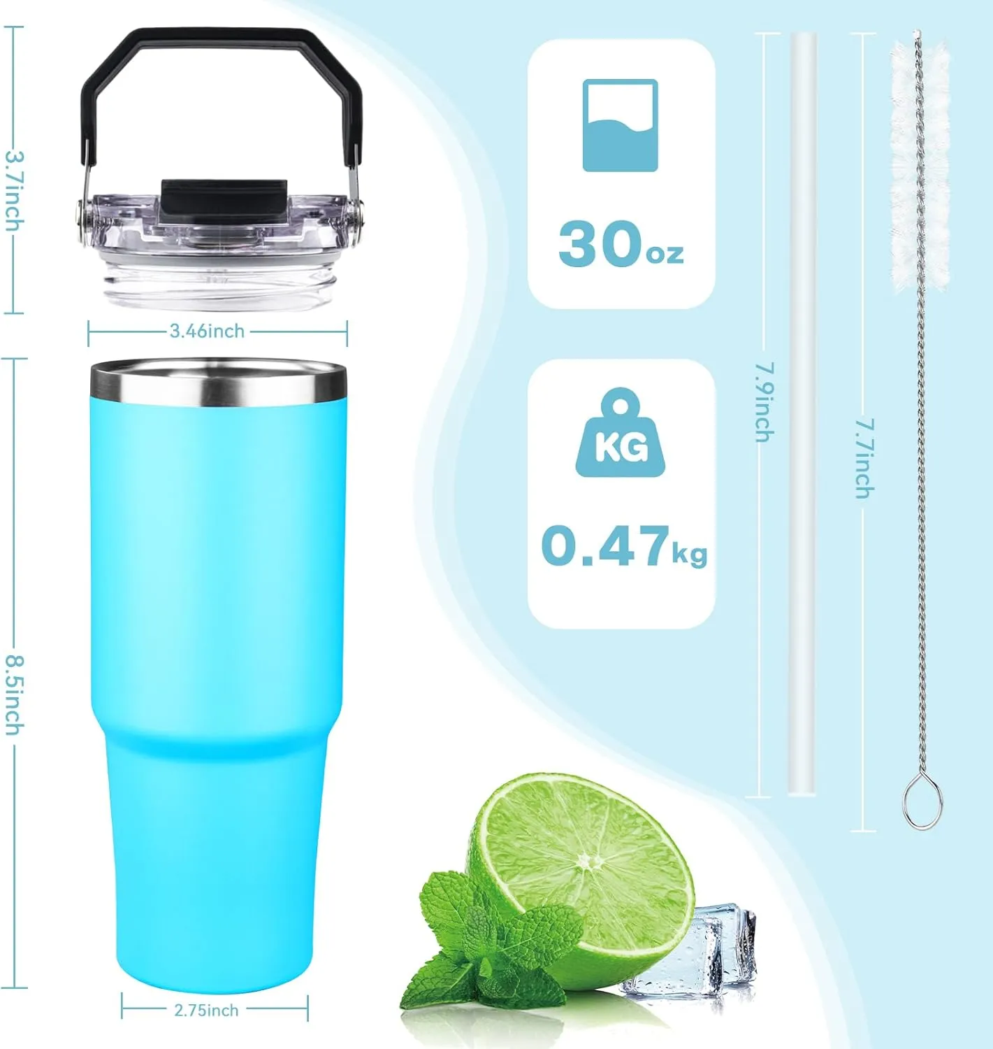 30oz Tumbler with Handle and Flip Straw Lid Double Wall Insulated Travel Coffee Mug Stainless Steel Vacuum Insulated Coffee Tumbler Cup for Hot and Cold Beverages,Leak-proof&BPA-free（30oz,Baby blue）