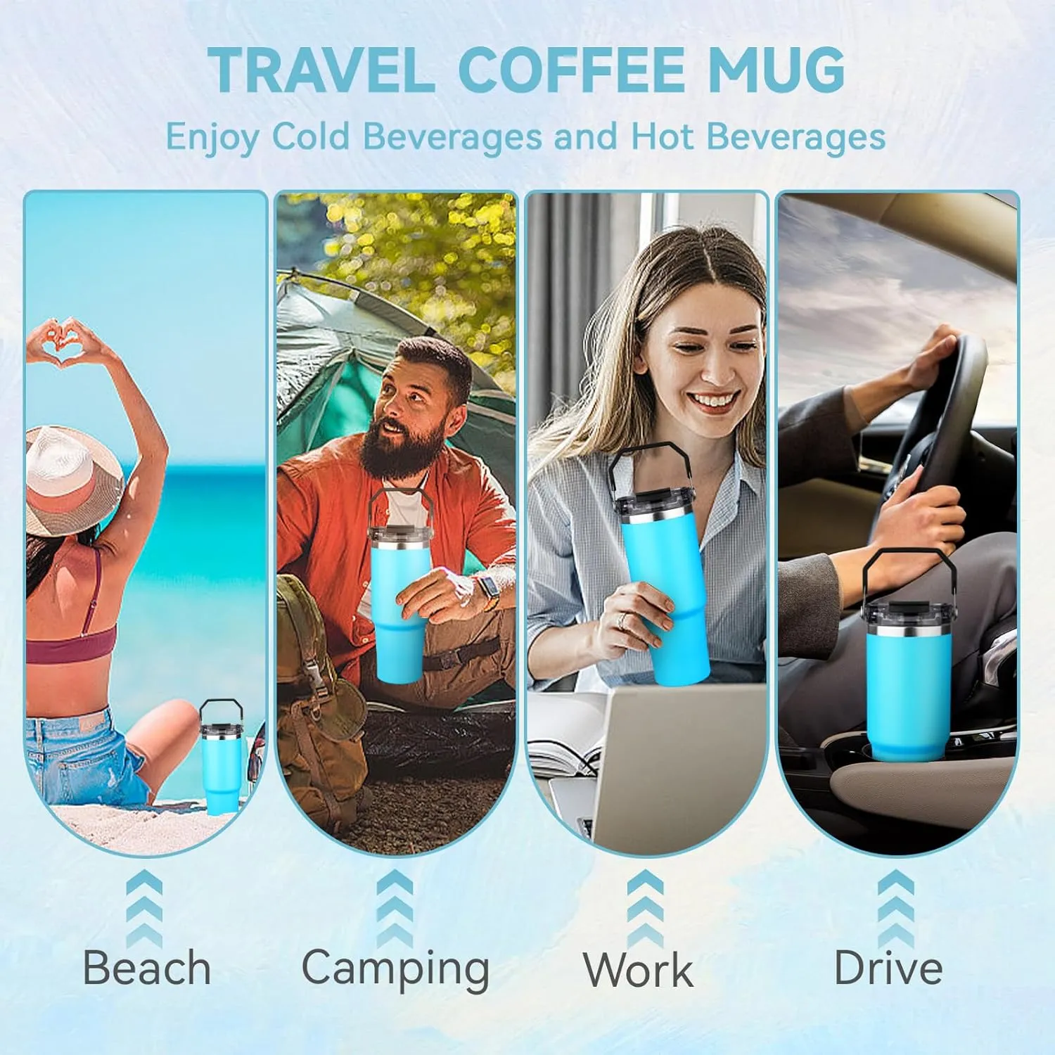 30oz Tumbler with Handle and Flip Straw Lid Double Wall Insulated Travel Coffee Mug Stainless Steel Vacuum Insulated Coffee Tumbler Cup for Hot and Cold Beverages,Leak-proof&BPA-free（30oz,Baby blue）