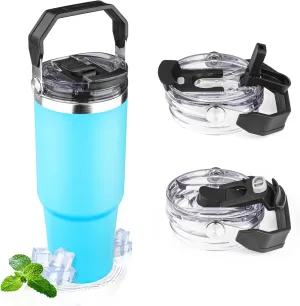 30oz Tumbler with Handle and Flip Straw Lid Double Wall Insulated Travel Coffee Mug Stainless Steel Vacuum Insulated Coffee Tumbler Cup for Hot and Cold Beverages,Leak-proof&BPA-free（30oz,Baby blue）