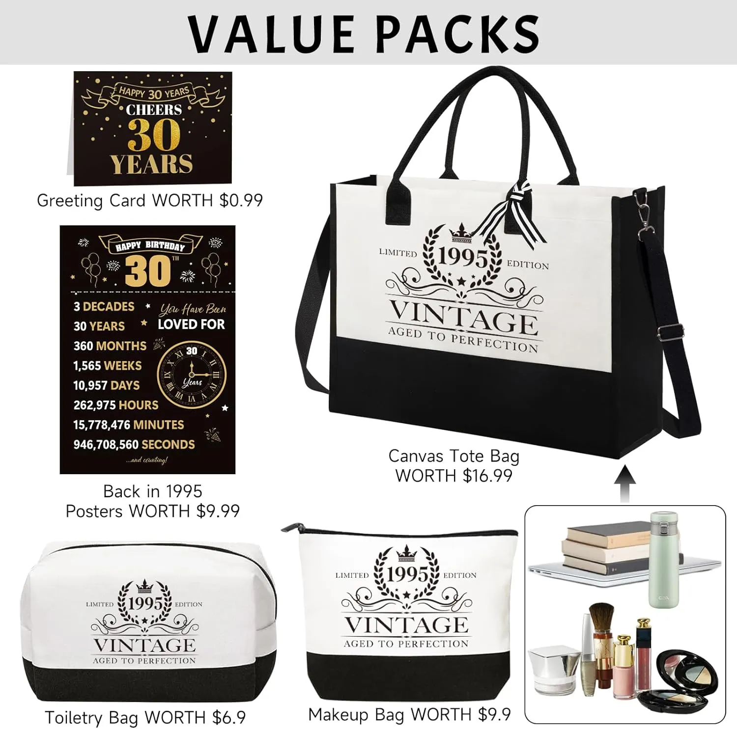30th 40th 50th 60th Birthday Gifts for Women, Birthday Gifts for Her Mom Wife Sister Grandma, Vintage Tote Bag & Poster