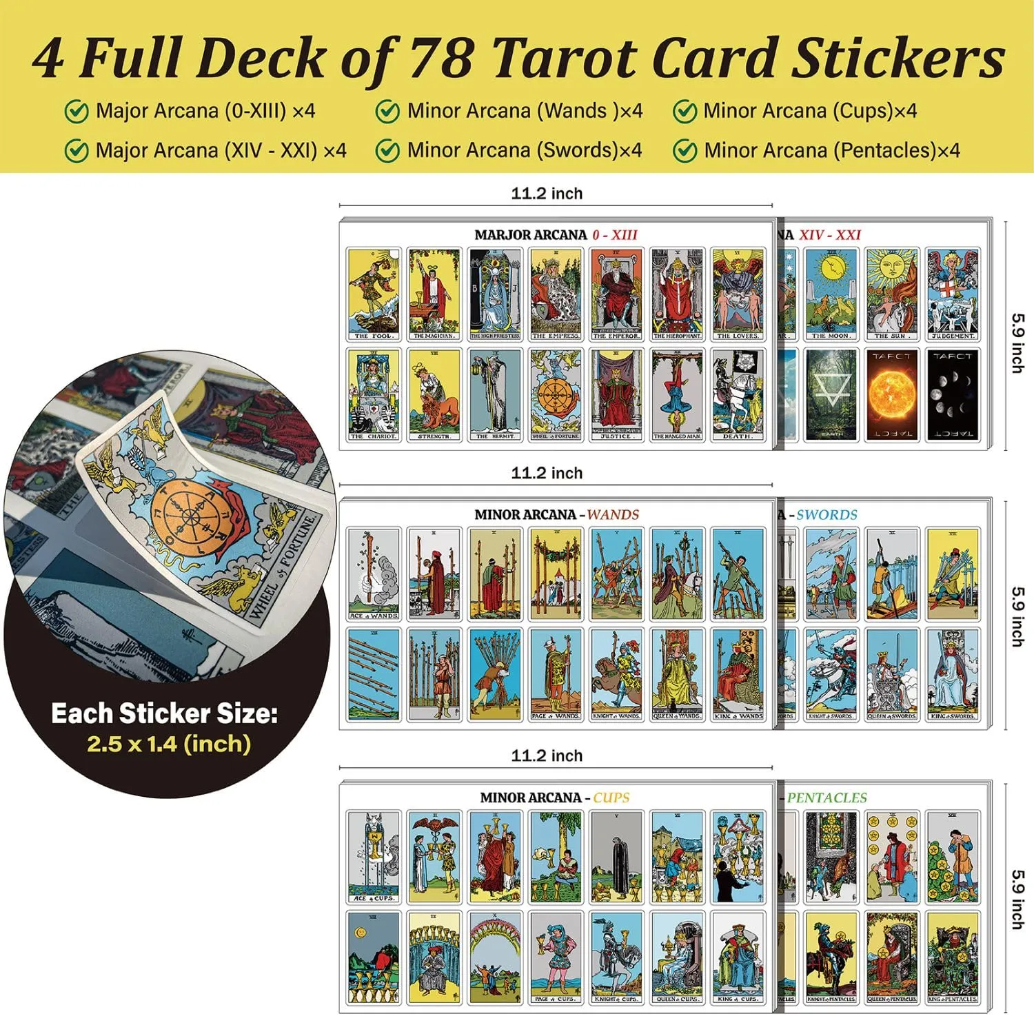 336 Pcs Tarot Stickers - 2.5" x 1.4" (6.3 cm x 3.6 cm) - 4 Sets RWS Full Deck Tarot Card Stickers for Tarot Journal & Planner - Tarot Cheat Sheets Included for Quick Learning & Spreads…