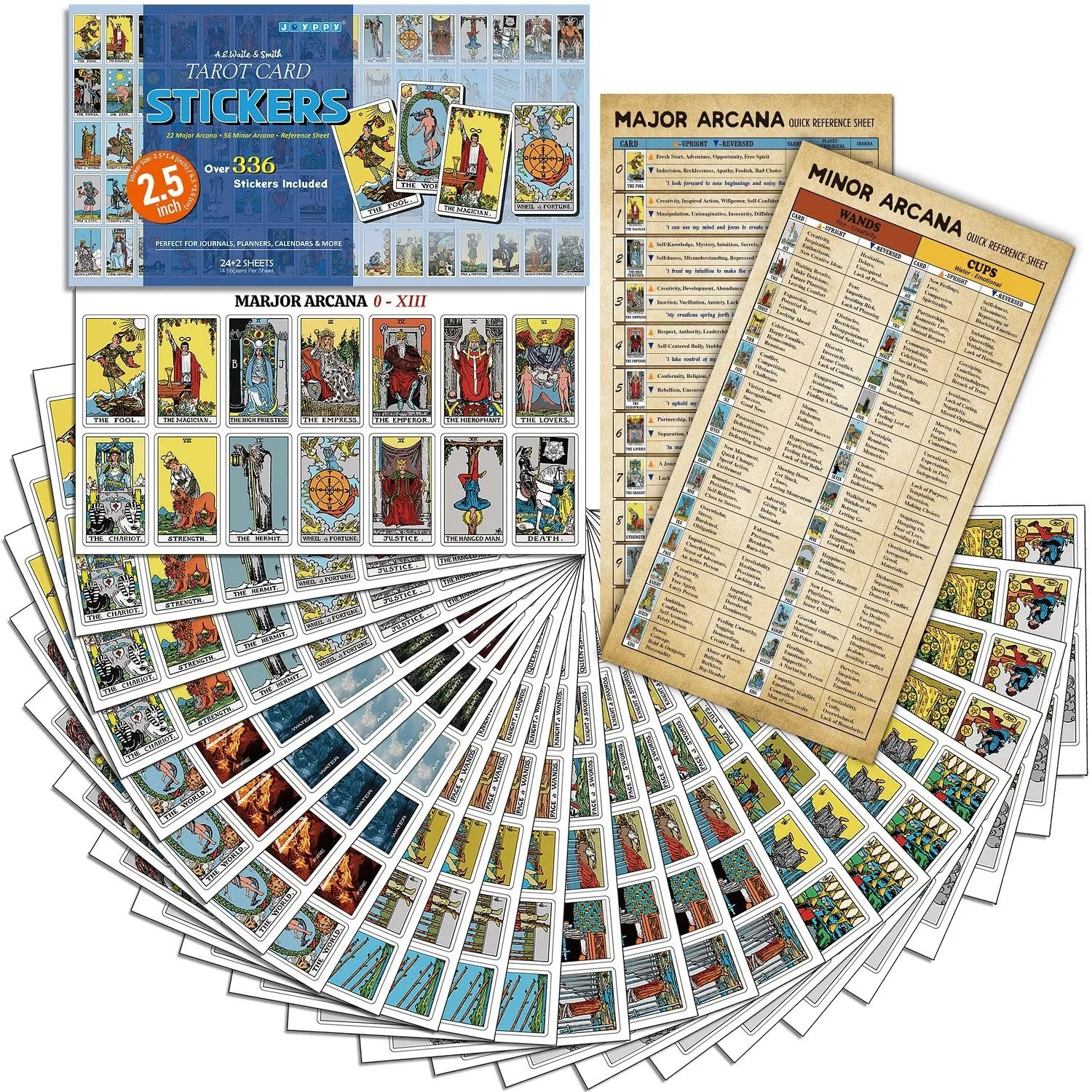 336 Pcs Tarot Stickers - 2.5" x 1.4" (6.3 cm x 3.6 cm) - 4 Sets RWS Full Deck Tarot Card Stickers for Tarot Journal & Planner - Tarot Cheat Sheets Included for Quick Learning & Spreads…