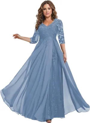 3/4 Sleeve Mother of The Bride Dresses for Women Long Chiffon Lace V Neck Sparkly Formal Wedding Guest Gown