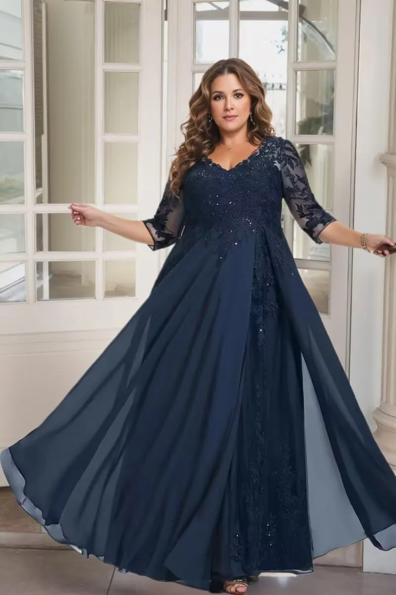 3/4 Sleeve Mother of The Bride Dresses for Women Long Chiffon Lace V Neck Sparkly Formal Wedding Guest Gown