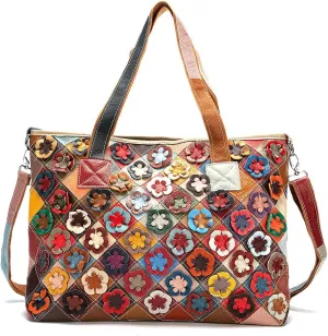 3D Colorful Floral Tote Handbag for Women Leather Shoulder Purse Multicolour Patchwork Work Shopper Crossbody Satchel