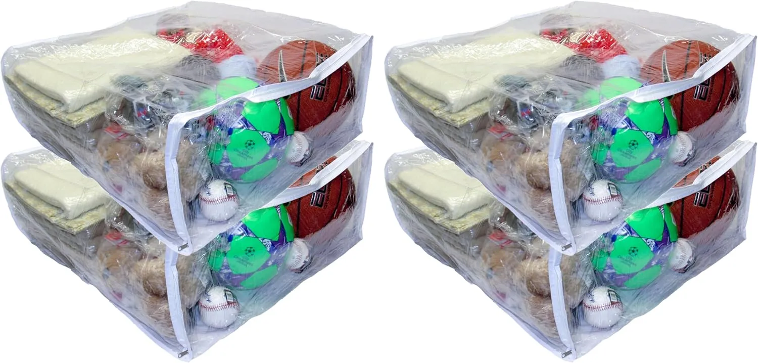 4-Pack Jumbo Heavy Duty Vinyl Zippered Square Storage Bags (Clear) for Sweaters, Blankets, Comforters, Bedding Sets and Much More! (23" x 23" x 10")
